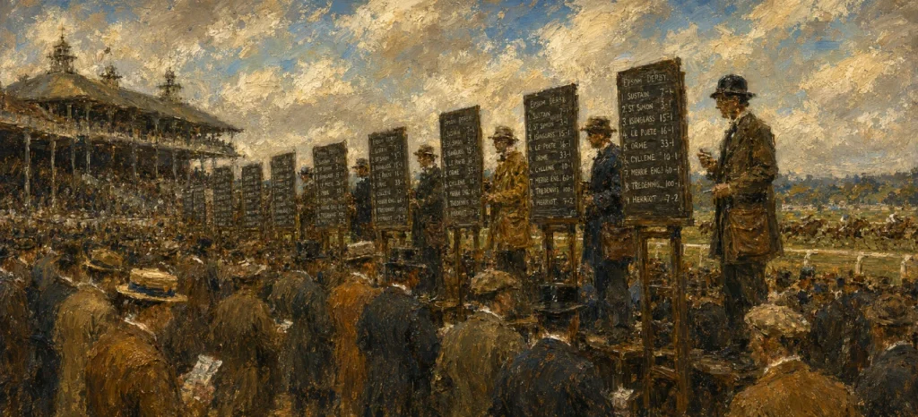 Painting of a bustling Edwardian betting ring, a row of bookmakers on stands with blackboards of runners and odds, a crowd of punters in bowler hats before them, grandstand beyond.