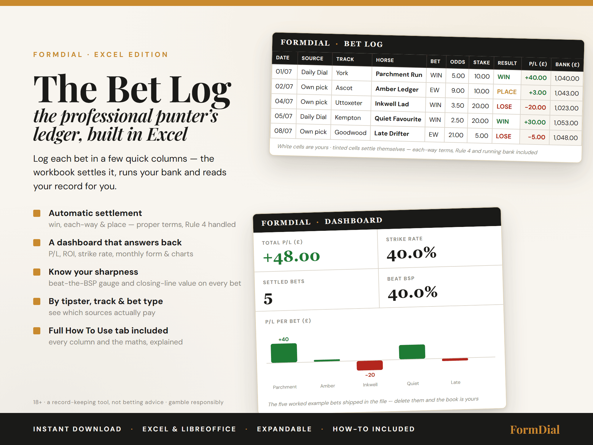 The Formdial Bet Log Excel spreadsheet — the professional punter's ledger, with automatic settlement and dashboard