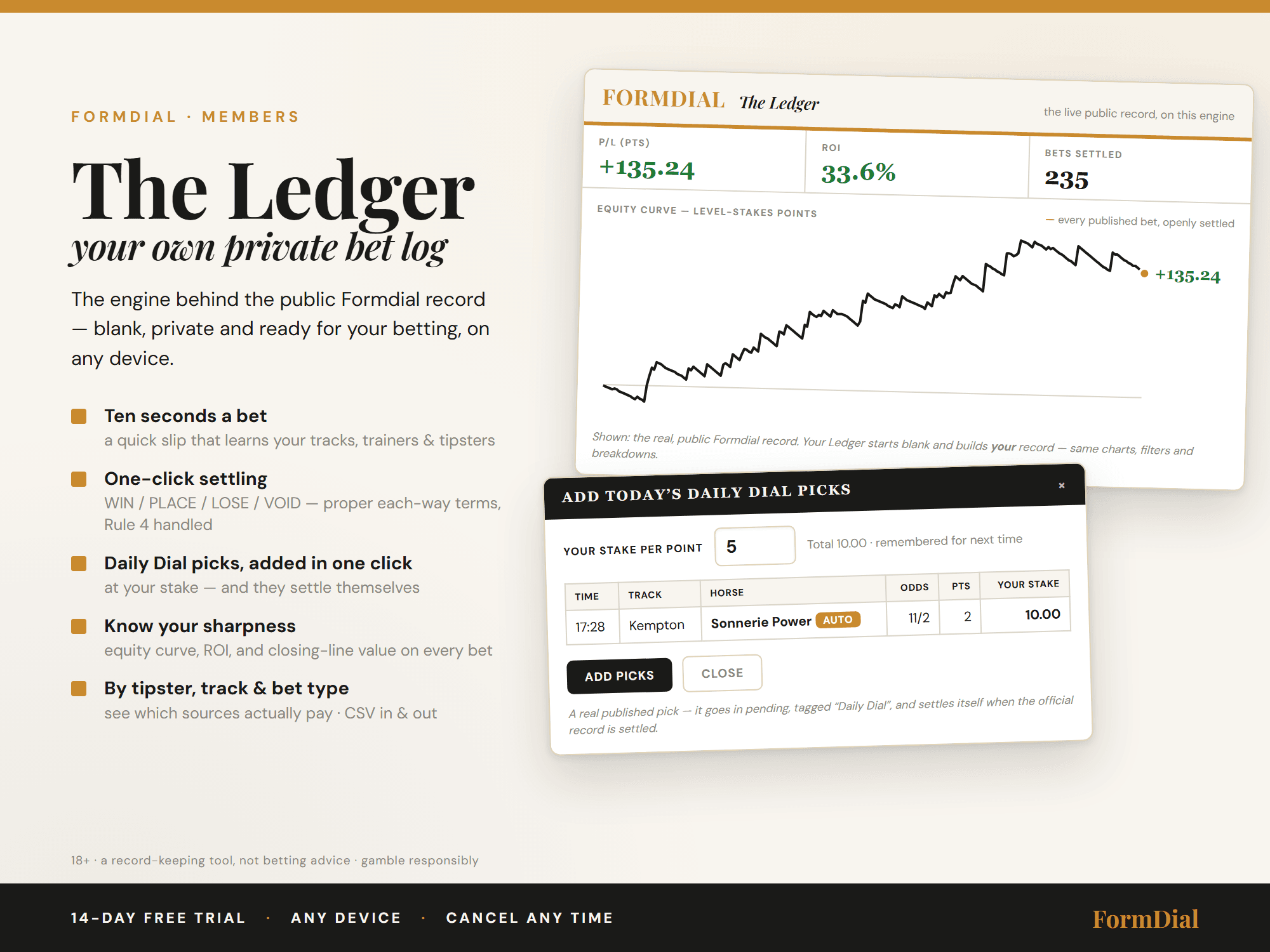 The Formdial Ledger — your own private bet log