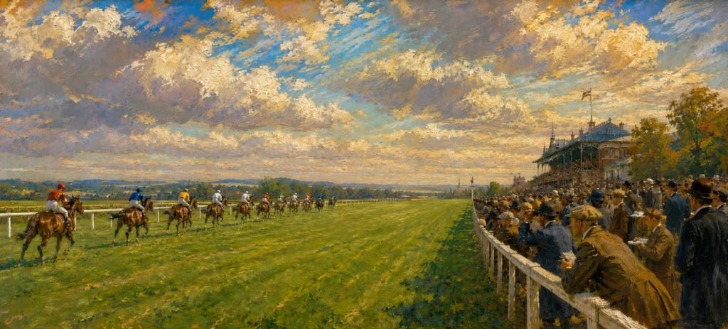 Painting of a field of racehorses at a flat gallop strung out down a long, wide green racecourse toward the horizon, a crowd and grandstand at the rail.