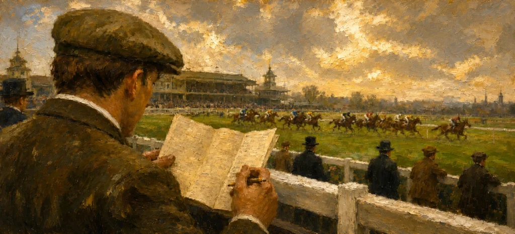 Painting seen over the shoulder of a flat-capped racegoer reading an open racecard at the rail, pencil in hand, a field of racehorses galloping past a grandstand beyond.