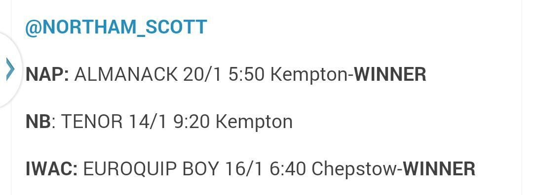 TwitTopTipsters board for Northam Scott, 2 July 2014: NAP Almanack 20/1 Kempton winner, NB Tenor 14/1 Kempton, IWAC Euroquip Boy 16/1 Chepstow winner
