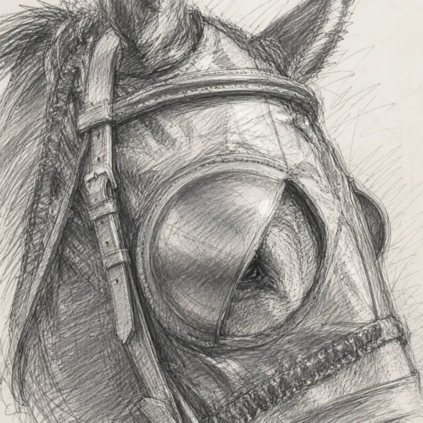 Pencil sketch of a racehorse in blinkers, the cup standing clear of the eye on a nylon cowl.