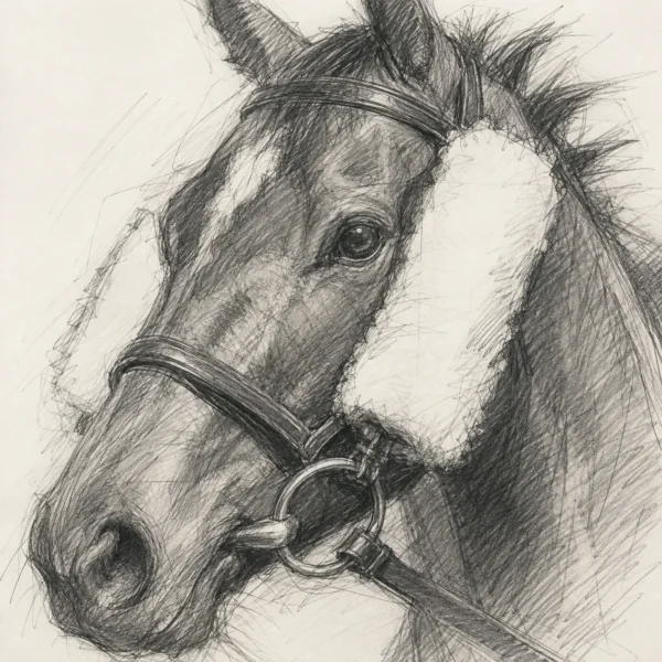 Pencil sketch of a racehorse in sheepskin cheekpieces, the strips running down the cheek straps of the bridle beside each eye.