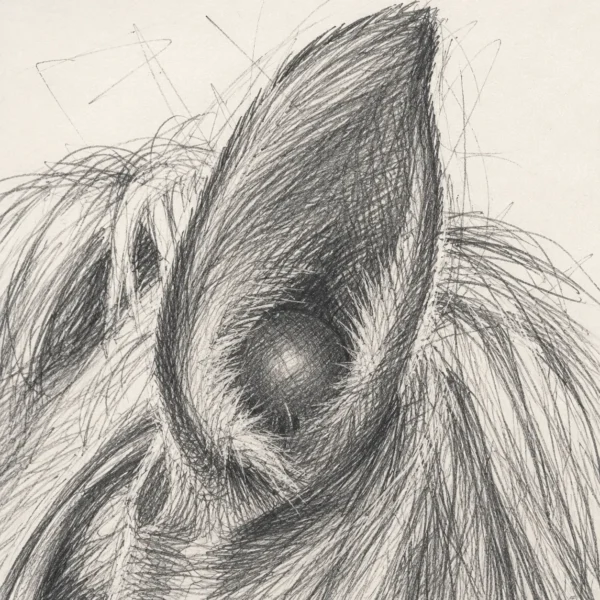 Pencil sketch of a racehorse wearing earplugs, with wool packed into the ear.