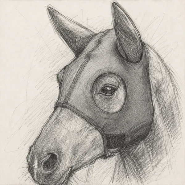 Pencil sketch of a racehorse in a hood, covering the head and ears with the eyes left open.