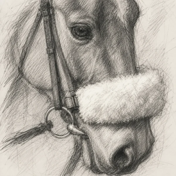 Pencil sketch of a racehorse in a sheepskin noseband, the fleece band sitting across the nose below the eyes.