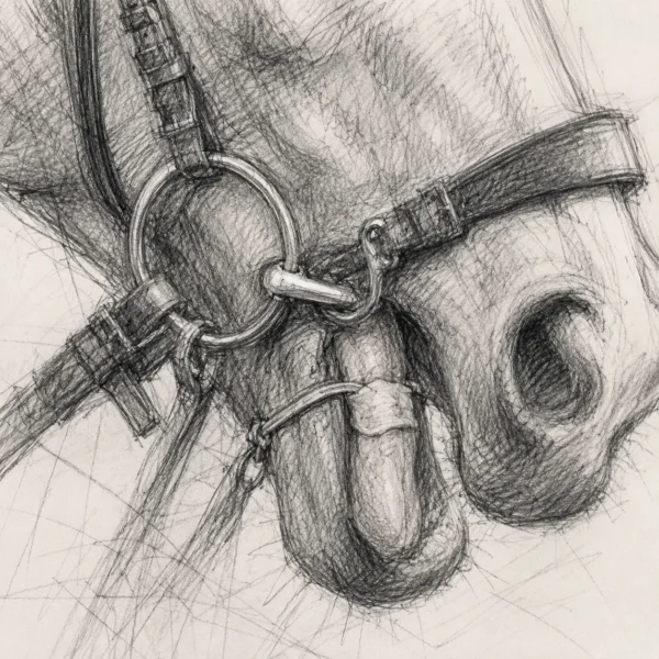 Pencil sketch of a racehorse wearing a tongue tie, the strap passing under the jaw.