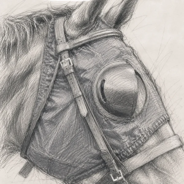 Pencil sketch of a racehorse in a visor, showing the slot cut through the cup beside the eye.